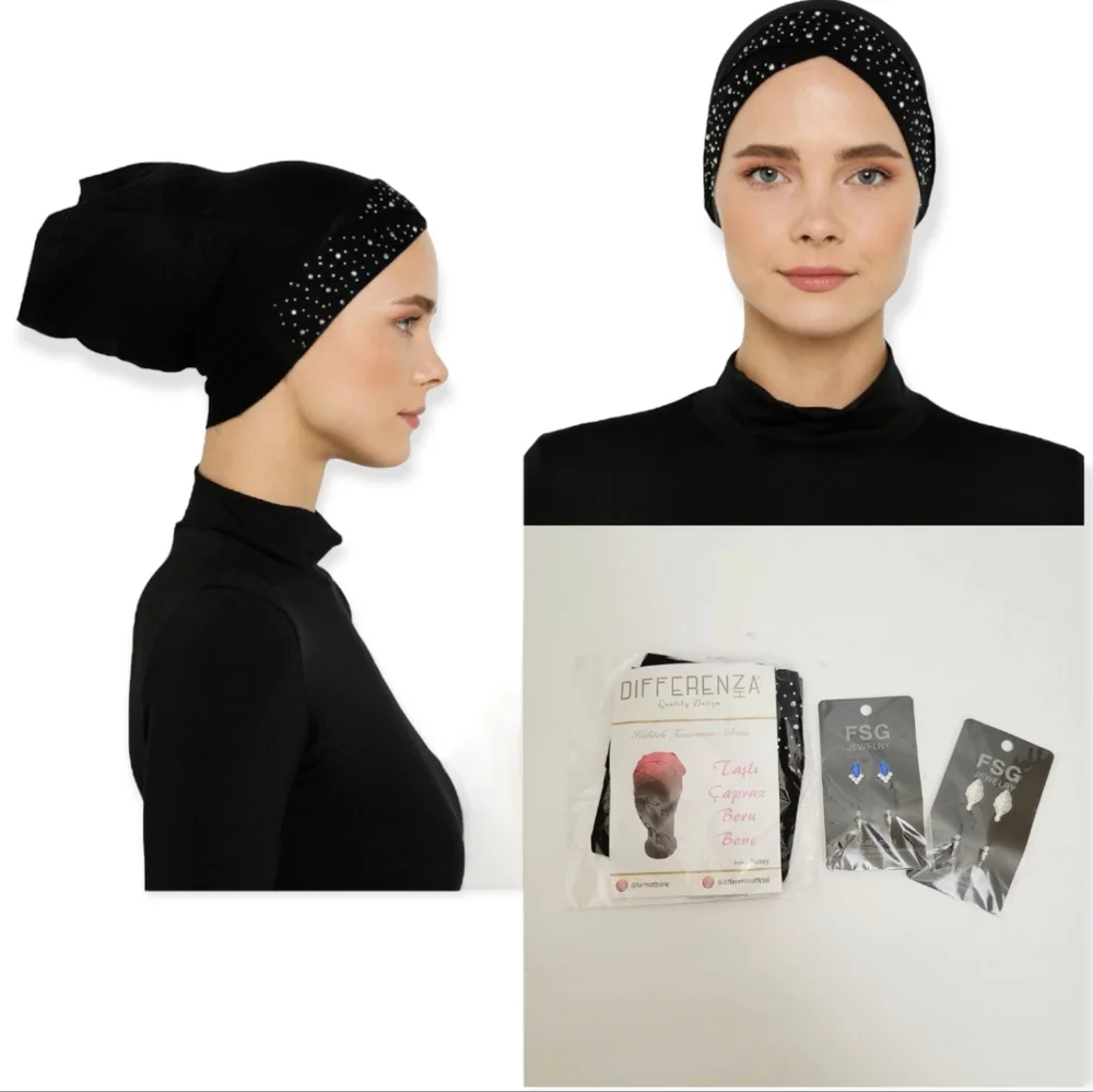 5 pieces set hijab, rhinestones bonnet/under scarf & safety pins